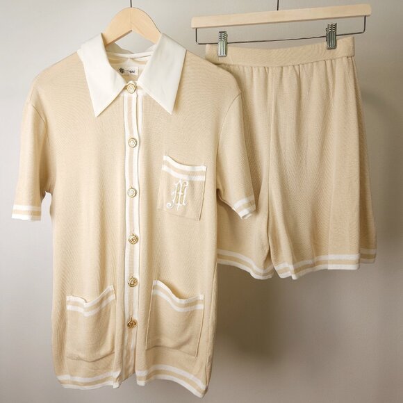 Vintage linen blend knit short set beige/ short sleeve knit cardigan two piece - Picture 4 of 12
